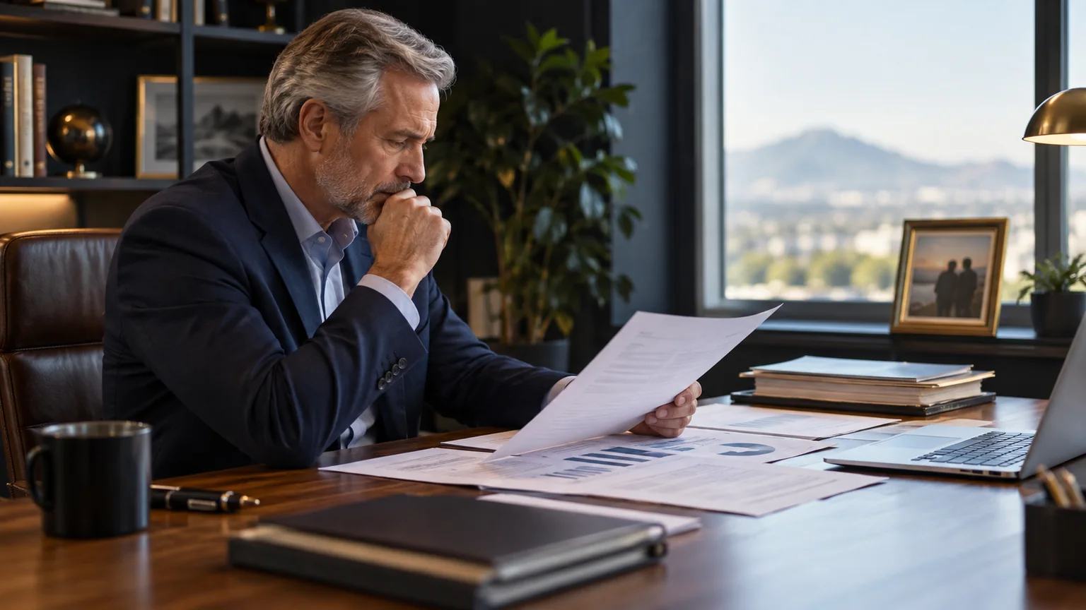 Empresário aposentado analisa documentos de dívida trabalhista e finanças pessoais