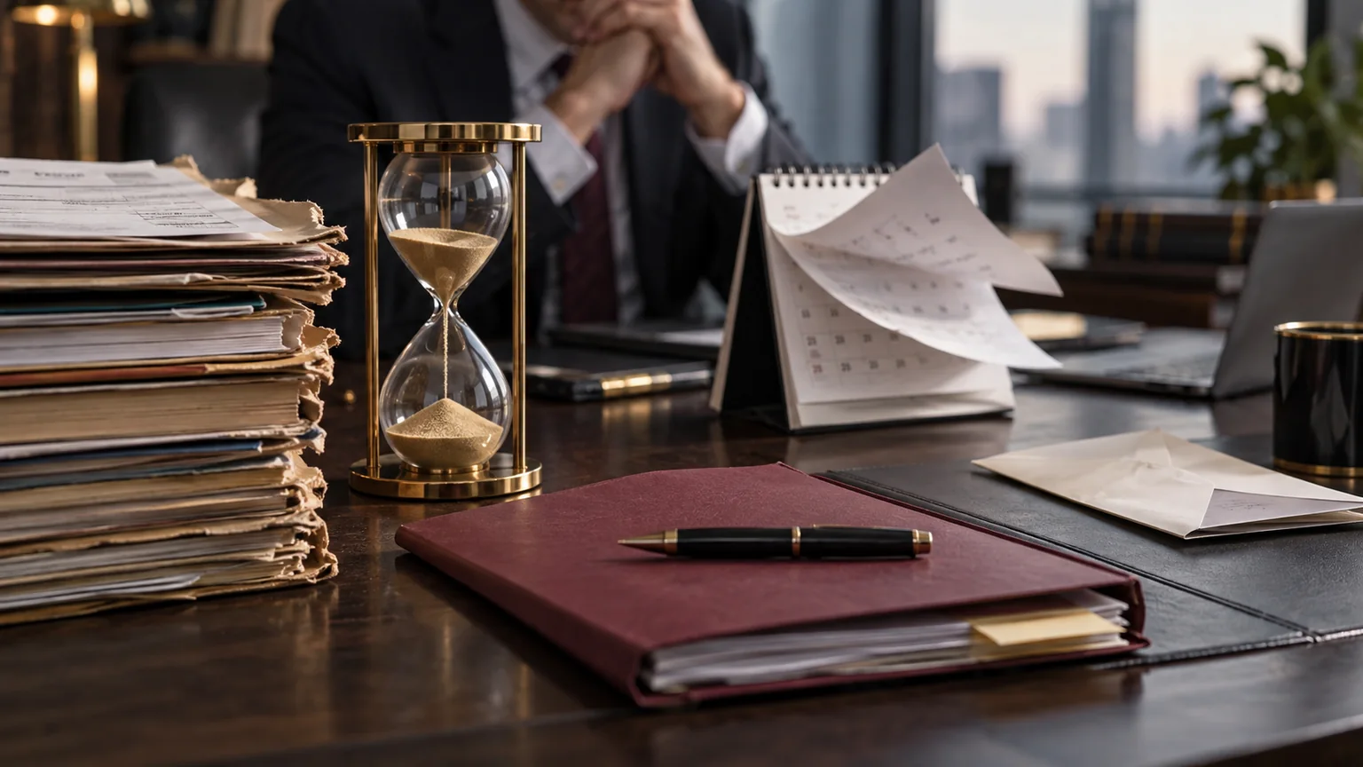 Ampulheta, calendário e documentos representam prazo de cobrança empresarial