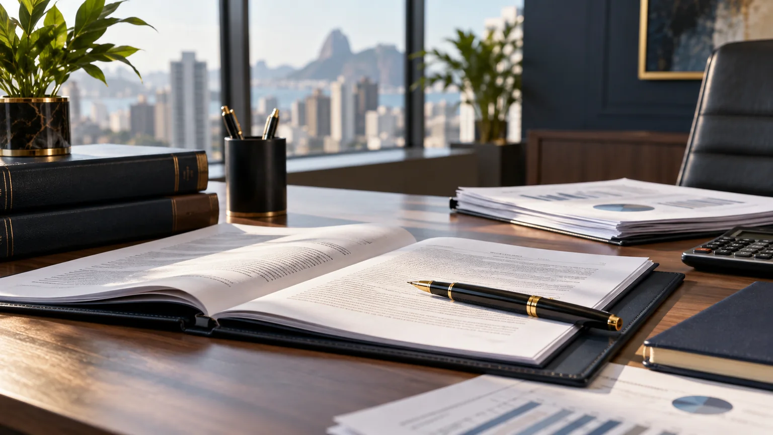 Contrato empresarial e documentos financeiros preparados para revisão tributária