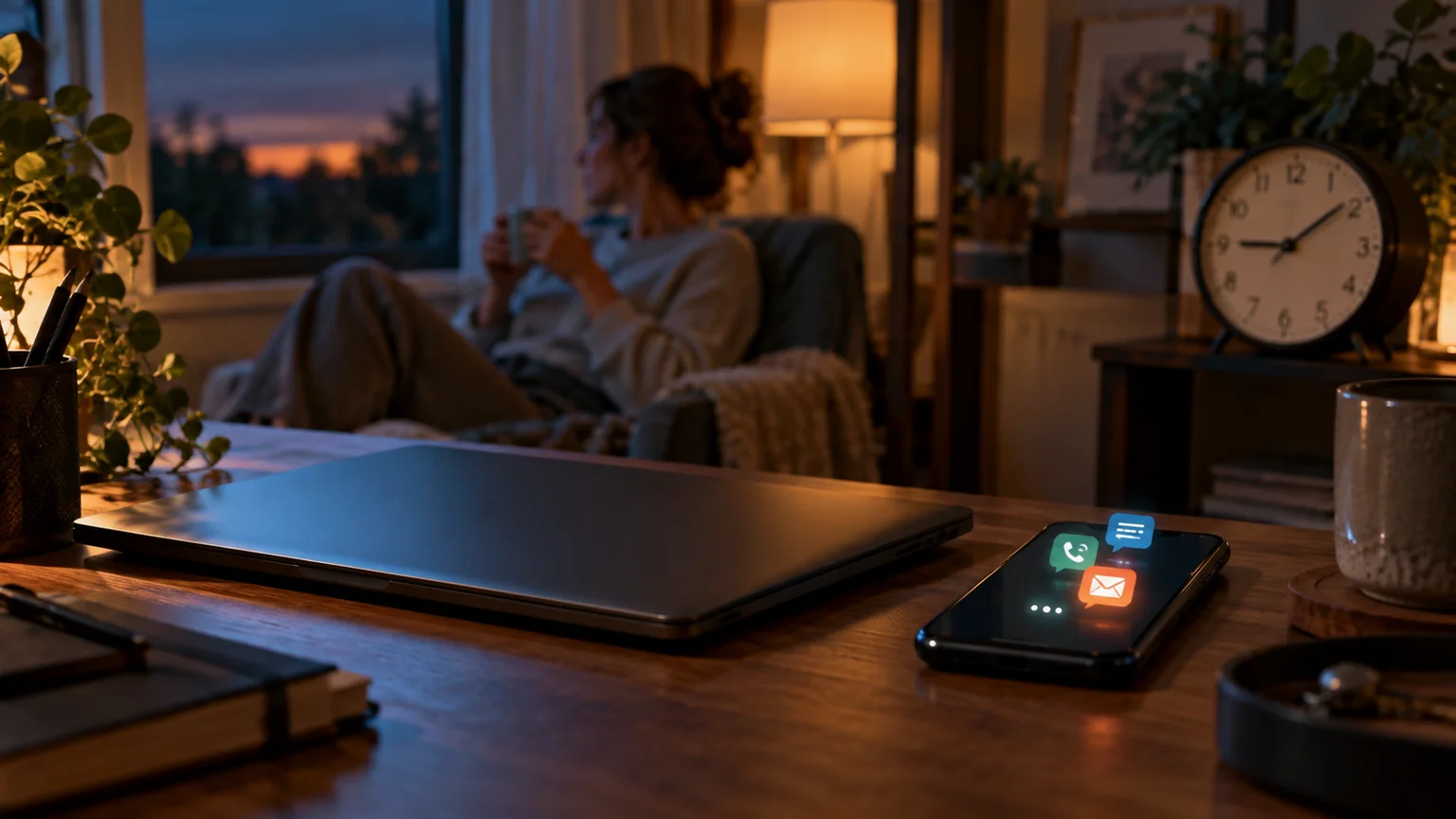 Celular recebe mensagens de trabalho ao lado de notebook fechado durante a noite